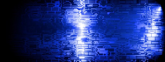 Abstract Digital Blue Brick Grid Background with Central Copy Space, Futuristic Technology Glitch Effect and Wide Screen Backdrop, fractal glass, Artificial Intelligence 