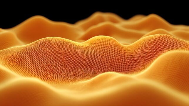 Abstract 3D render of orange mesh landscape with flowing curves and waves on a black background, ideal for technology, background, and design projects