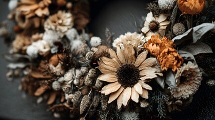 A beautifully arranged floral wreath featuring sunflowers and dried flowers on a textured background