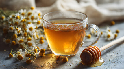 Chamomile tea glass cup honey dipper dried chamomile flowers warm beverage soothing herbal infusion calm relaxation