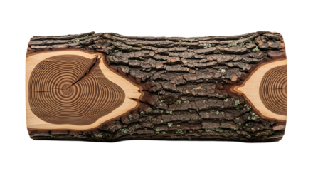 A close up of a cut log showing the bark and the growth rings on a black background in detail view