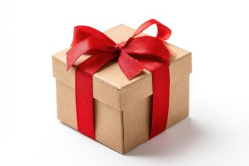 Obraz premium Brown Kraft Paper Gift Box with Red Ribbon Bow on White Background