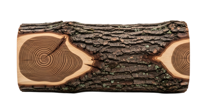 A close up of a cut log showing the bark and the growth rings on a black background in detail view