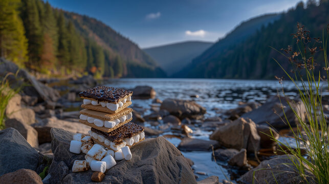 Sâmores tower arranged on rocky shore, lake water shimmering behind, forested hills framing the scene, soft morning light highlighting textures and warmth of marshmallows - Powered by Adobe