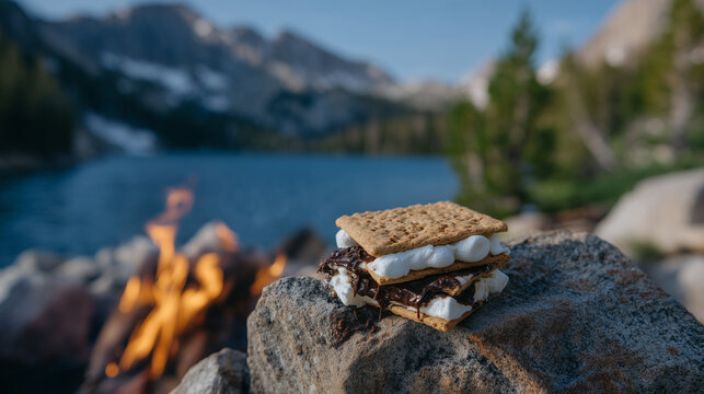 Rustic sâmores pile on rugged stones by campfire, smoke curling from embers, serene lake and forest in background, soft natural light enhancing cozy, outdoor camping vibe