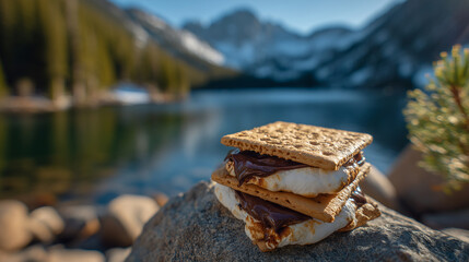 Artistic close-up of stacked sâmores on rocky shoreline, background of calm lake and evergreen forest, warm sun rays emphasizing melted chocolate and toasted marshmallow textures