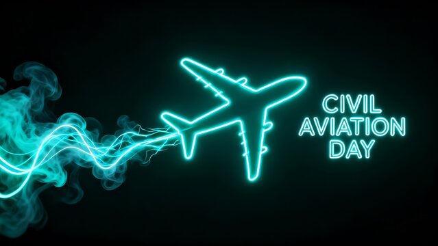 Neon glowing airplane icon with vibrant light trail and "civil aviation day" text design.