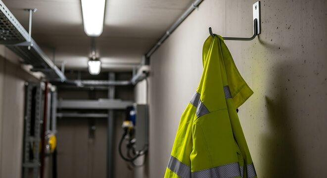 A high-visibility safety jacket hanging on a hook in a concrete industrial hallway, symbolizing the end of a workday