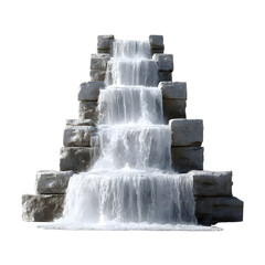 Multi tiered stone waterfall with flowing water cascades isolated on white background