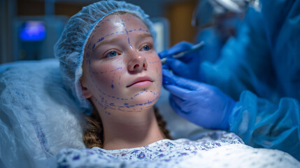 Woman seated in medical clinic undergoing preoperative facial marking, surgeonâs gloved hands drawing precise lines on her face, bright clinical lighting highlighting skin texture