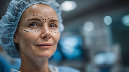 Overhead angle of patient undergoing preoperative facial marking, symmetrical lines drawn on forehead, cheeks, and jawline, clean medical clinic environment, focused and precise at