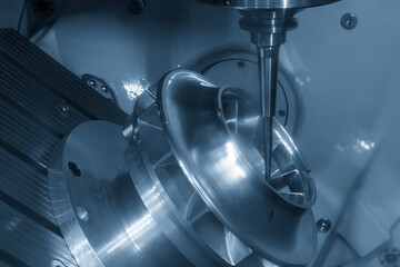 The 5-axis CNC milling machine cutting the aerospace part with solid flat nose end mill tool in the...