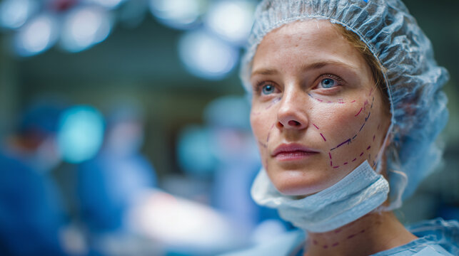 Side view of woman with surgical markings on face, surgeon in gloves using marker, bright clinical lighting, medical equipment softly blurred in background, preparing for procedure