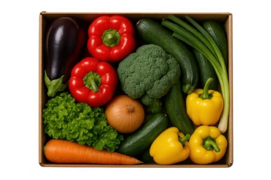 Fresh organic vegetables in a box for healthy eating, grocery delivery, and vegan diet, transparent background