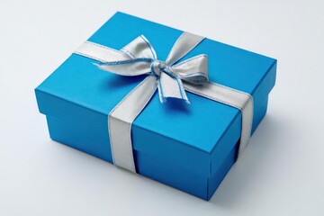Obraz premium Blue Gift Box with Silver Ribbon on White Background