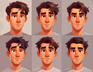 Composite image showing six animated male headshots with diverse hairstyles and expressions, all in a similar illustrative style