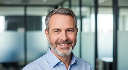 Portrait of a smiling mature businessman with gray hair in a modern office