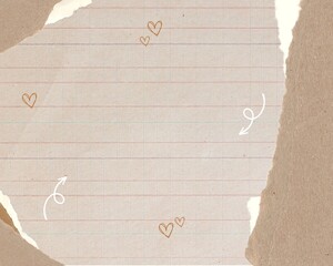 aesthetic background featuring ripped, lined notebook paper with small heart and arrow doodles. 