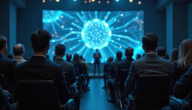 People attend business conference watching digital network on big screen. Speaker presents future tech ideas for collaboration and progress. Audience listens intently.