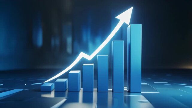 3D bar graph with an upward trending arrow indicating financial growth and success business finance