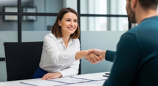 Professional woman shaking hands during a business meeting, symbolizing agreement and partnership