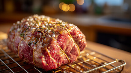 Beef roast tied neatly with string on rack, sprinkled with salt and cracked pepper, golden natural light highlighting marbling and texture, rustic kitchen background adding cozy am
