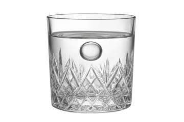 Glass of water in an elegant tumbler featuring cut crystal patterns and a unique spherical detail, transparent background