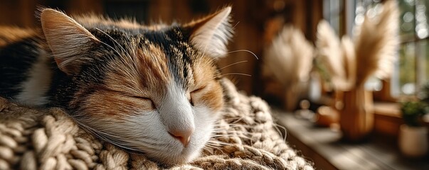 Close-up of a calico cat napping on a cozy knitted blanket indoors