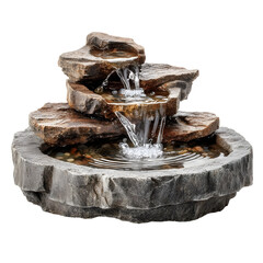A cascading tabletop fountain made of stacked rocks flows into a serene pebble basin
