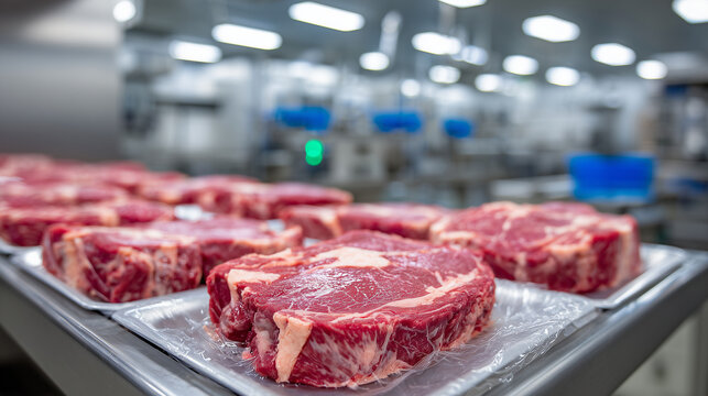 Rows of packaged beef steaks neatly arranged on a stainless steel table in a clean food processing plant, bright overhead lighting reflecting off metal surfaces, sterile and profes
