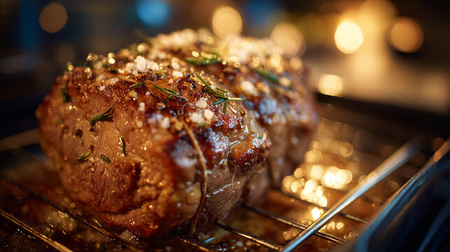 Artistic close-up of beef roast tied and seasoned, metal rack below catching light, glistening fat and salt crystals emphasized, warm kitchen tones enhancing appetizing look