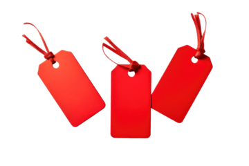 Three vibrant red tags with strings, arranged artistically on a white background, showcasing a minimalist design for various labeling purposes. Isolated on transparent background.