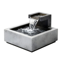 A modern minimalist concrete fountain with water cascading into a basin isolated on a white background