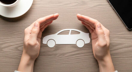 Hands protecting a paper cutout of a car on a wooden table, symbolizing the concept of insurance and safeguarding assets in daily life