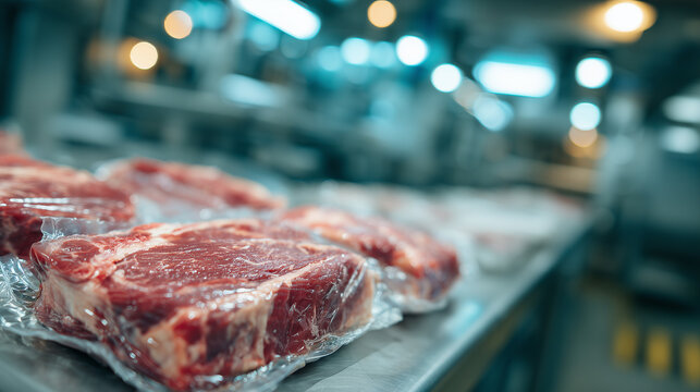 Rows of beef steaks in sealed packaging on stainless steel table, overhead fluorescent lights creating reflections, industrial plant interior softly blurred for context