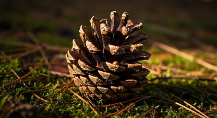 Close up of a pinecone resting on green moss and fallen pine needles in a forest setting with water droplets glistening in the sunlight