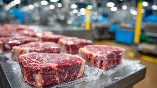 Packaged beef steaks ready for distribution, arranged in rows on metal table, bright overhead lights reflecting off packaging, clean food processing facility in background - Powered by Adobe