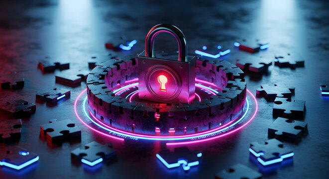 Konsep Keamanan Siber Gembok Digital Dengan Neon Di Sekitar Puzzle