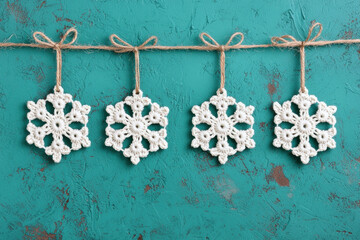 Handmade crochet snowflakes hang on twine against textured teal wall creating cozy christmas decoration with festive winter feeling