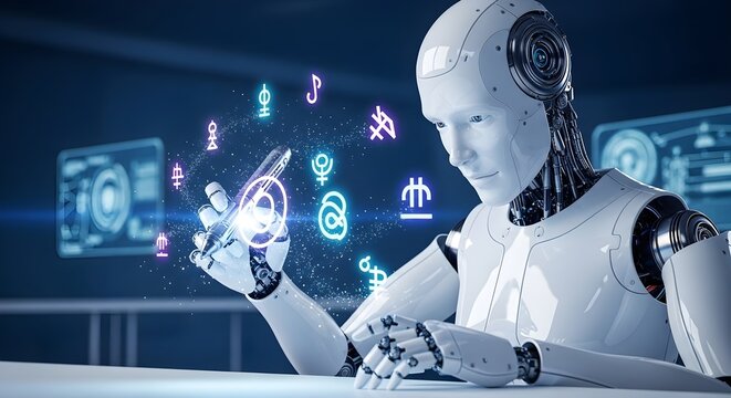 Modern White Robot Teacher Professor Drawing Glowing Symbols with Light Pen – Futuristic Academic AI