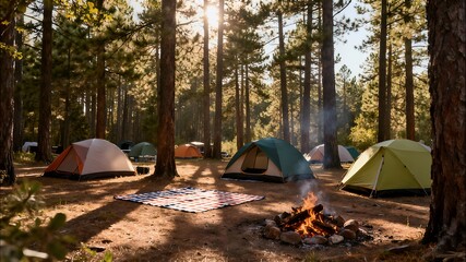 Multiple tents are pitched in a sunlit forest campground, featuring a central campfire ring and a picnic blanket, indicating a group camping scene.