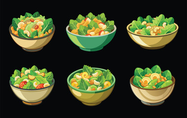 Bowls of Green Salad with Cashews and Tomatoes on Black Background