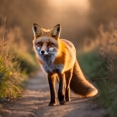 Obraz premium Majestic red fox walking along a path during golden hour.