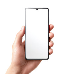 Hand holding smartphone with blank screen png mobile png device png app png technology png mockup png display png touchscreen png UI png digital png transparent background image