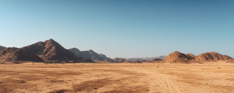 Vast desert landscape with rugged mountain ranges under a clear blue sky in warm sunlight, ideal for travel presentations and natural environment concepts
