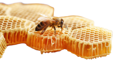 Bee on Honeycomb with Dripping Honey on Transparent Background