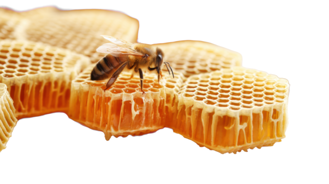 Bee on Honeycomb with Dripping Honey on Transparent Background