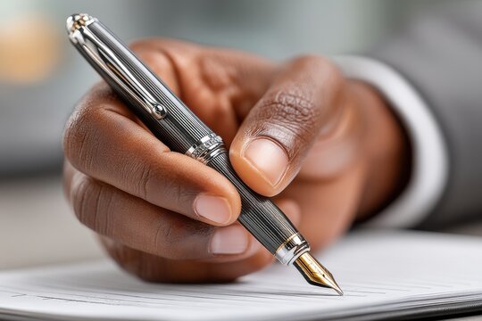 Close-up of an African American hand writing with a luxury fountain pen on paper