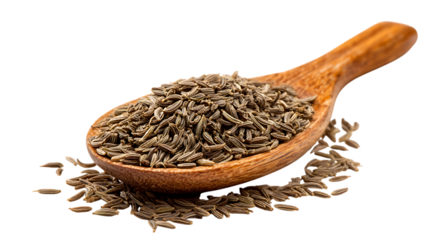 Cumin seeds in a wooden spoon isolated on transparent background, close up view