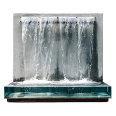 Modern transparent water wall fountain with flowing water cascading into a glass basin